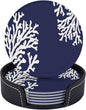 6 Pcs Coral Navy Blue Nautical Coastal Ocean Theme Marine Leather Coasters by CAPVKING