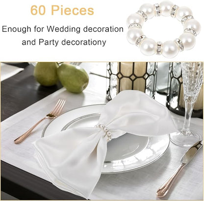 60Pcs Pearl Napkin Rings,Imitation Pearl Beaded Napkin Ring Holder,Serviette Napkins Rings Bulk for Wedding Reception Dinner Table Decor Banquet Home Party (White&Silver, 60Pcs)