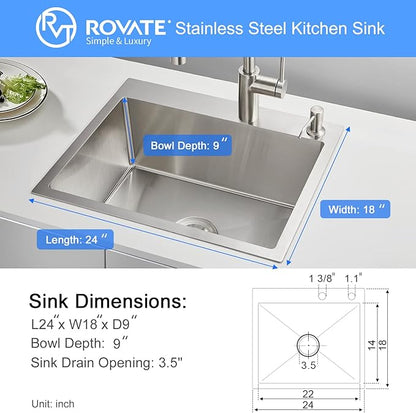 ROVATE 24 × 18 Inch Drop-in Topmount Kitchen Sink Single Bowl, 304 Stainless Steel Handmade Overmount Kitchen Sink with Basket Strainer, 24 x 18 x 9 inch