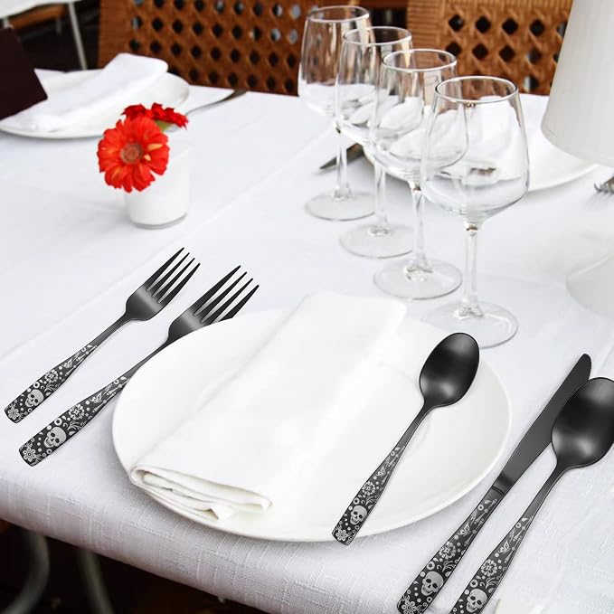 Pattern Matte Silverware Set for 8, 40 Piece Gothic Black Flatware set - Image 7