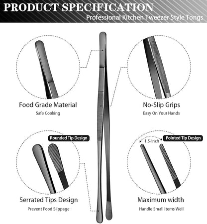 JETKONG 2 Pcs 12-Inch Kitchen Tweezers Tongs with Precision Serrated Tips, Stainless Steel Chef Tweezer Professional Cooking Tweezers for BBQ, Plating and Serving (12-Inch, Black)
