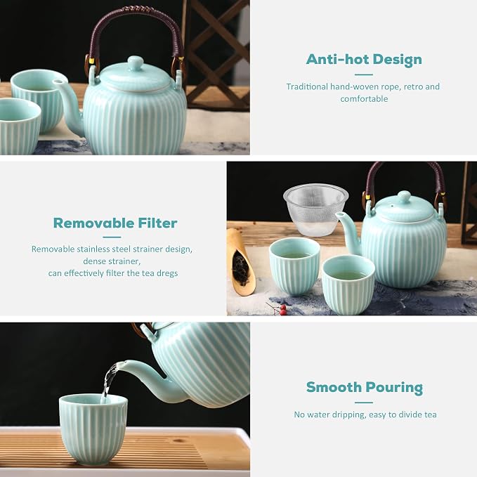 Dujust Japanese Tea Set, Cyan-blue Porcelain Tea Set - Image 3