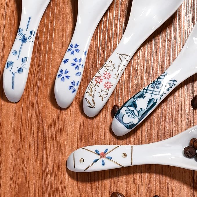 Japanese Style Ceramic Soup Spoons Set of 5, and Painted Porcelain Blue and - Image 6