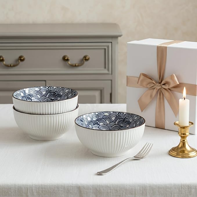 QINLANG Large Soup Bowls, Pho & Ramen Set of 3, 60 oz Blue & White Porcelain - Image 8