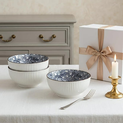 QINLANG Large Soup Bowls, Pho & Ramen Set of 3, 60 oz Blue & White Porcelain - Image 8