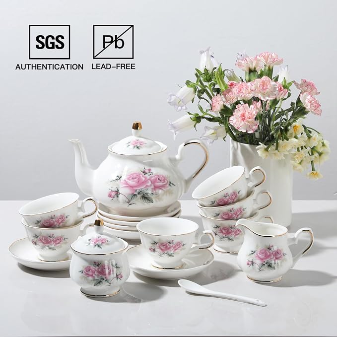 Sweejar Porcelain Tea Set Vintage Floral, British Relief Gold Rim Teapot Cup - Image 3