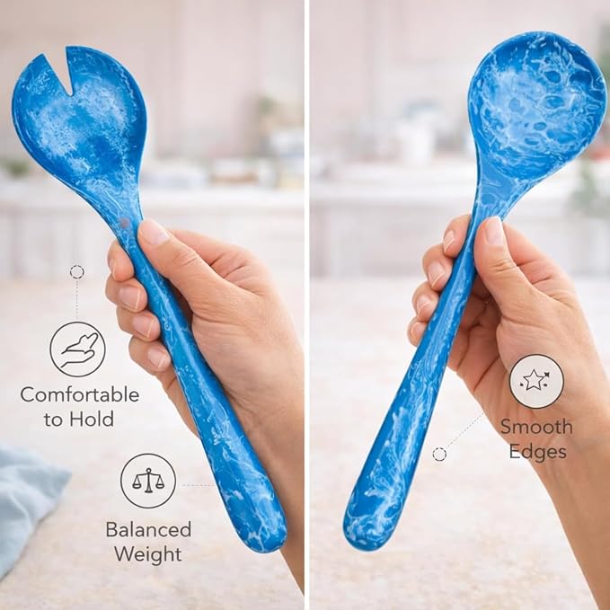 SS Craft Blue Marbled Resin Salad Server Set – Lightweight Serving Spoon & Fork - Image 8