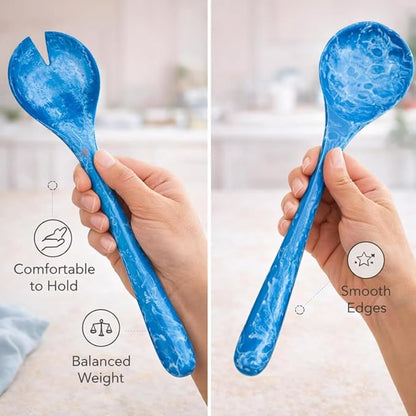 SS Craft Blue Marbled Resin Salad Server Set – Lightweight Serving Spoon & Fork - Image 8