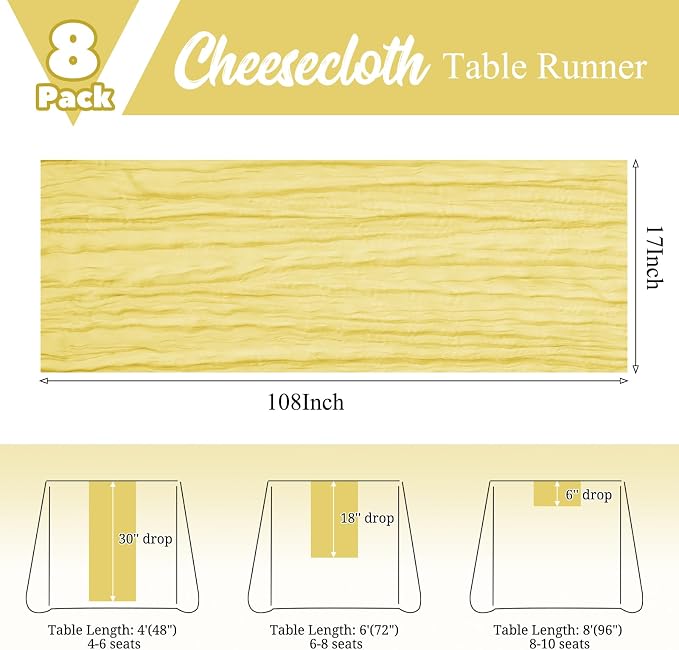 8 Pack Yellow Table Runner 17 x 108inch Cheesecloth Table Runner Boho Gauze - Image 2