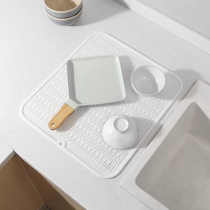 Silicone Dish Drying Mat for Multiple Usage,Easy clean,Eco-friendly,Heat-resistant Silicone Mat for Kitchen Counter or Sink,Refrigerator or Drawer Liner White 2XL 24 inches x 18 inches