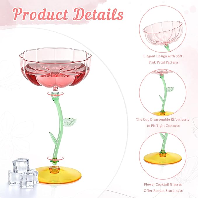 12 Pcs Pink Plastic Ribbed Coupe Glasses Detachable 7oz Flower Cocktail Glasses - Image 3