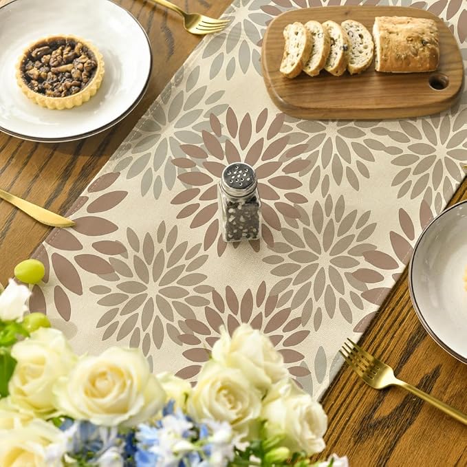 Artoid Mode Brown Gray Dahlia Pinnata Flower Floral Table Runner, Seasonal - Image 4