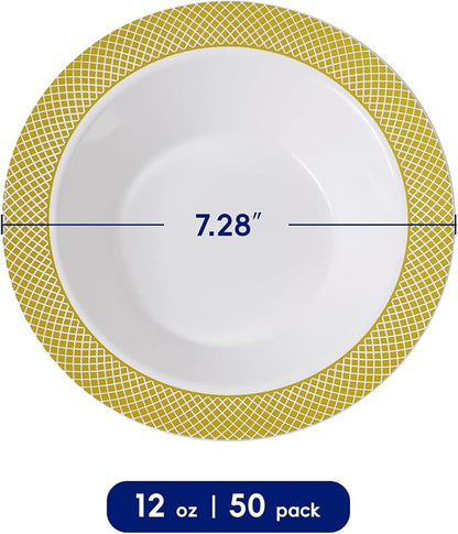 Plastic Bowls with Gold Grid Rim Disposable 12oz Bolws 50Pack | Disposable - Image 2