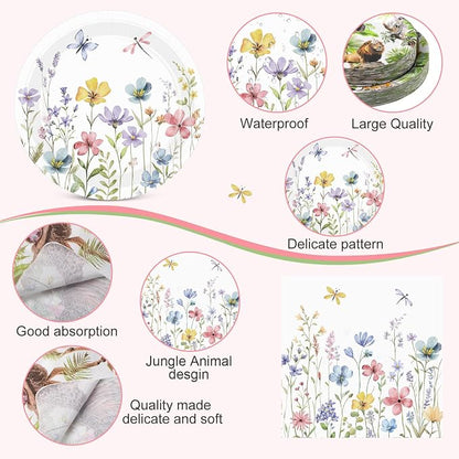 Pickmesh 250 Pcs Spring Floral Disposable Tableware Set Wildflower Butterfly - Image 3