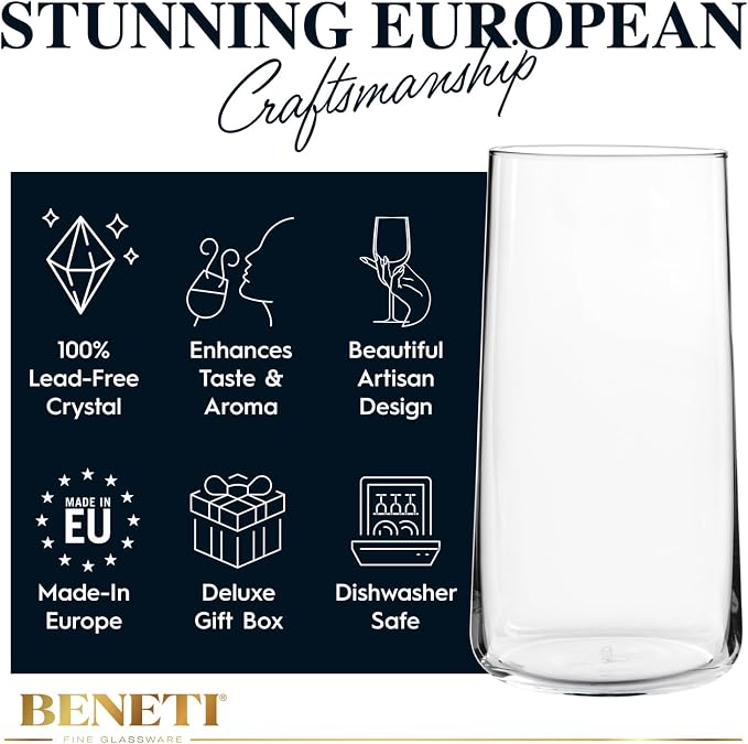 BENETI Modern Crystal Glass Cups, Tall Highball Drinking Glasses Set of 4 | - Image 7