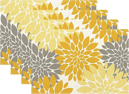 Boho Placemats 12x18 Inches Set of 4, Yellow Gray Dahlia Floral Decorative Place mats Fall Rectangle Flower Table Mats for Party Home Kitchen Dining Table Decor