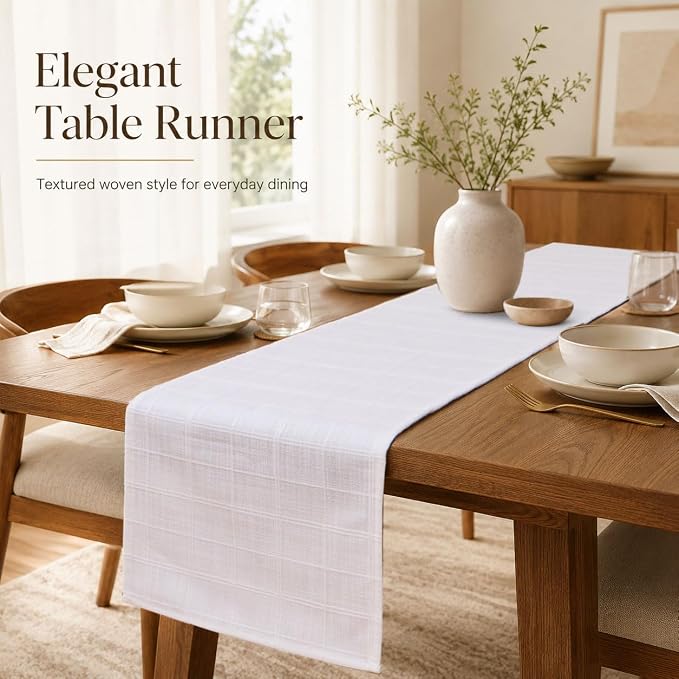 White Table Runner, Linen-Look Fabric, Subtle Check Pattern, Dining & Coffee - Image 2