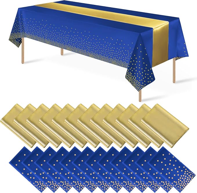 24Pack Disposable Plastic Tablecloths and Satin Table Runner Set Blue and Gold by MASHAN