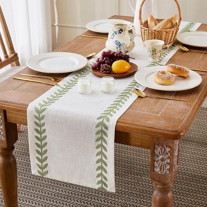 Embroidered Table Runner, Light Green Table Runners 60 Inches Long | Linen - Image 3