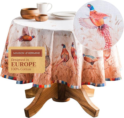 Maison d' Hermine Table Cloth Round Table 100% Cotton 69 Inches Fall Tablecloth Reusable Everyday Use for Thanksgiving Christmas Decorations Dining Farmhouse Party (Faisan D'Automne)