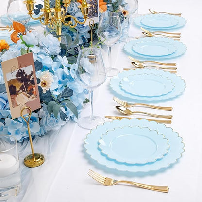 LIYH 60 Pcs Baby Blue Plastic Plates with Gold Edge - Disposable Light Blue Plastic Plates Includes 30 Dinner Plate 10.25" and 30 Dessert Plate 7.5" for Party Birthday