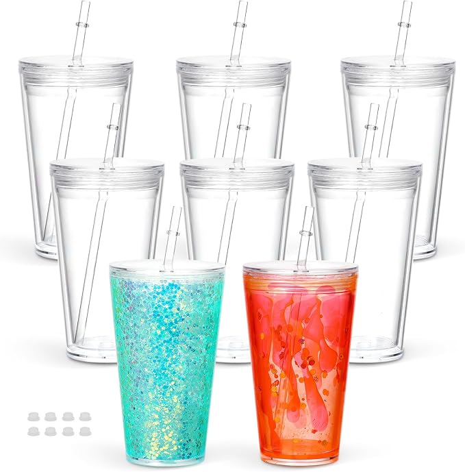 8 Pack 16 Oz Acrylic Snowglobe Tumbler, Pre-Drilled Double Wall Plastic Kids by Maucircol