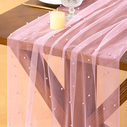 Pearl Table Runner Summer Tulle Gauze Sheer Wedding Party Home Decor | Pink by Socomi