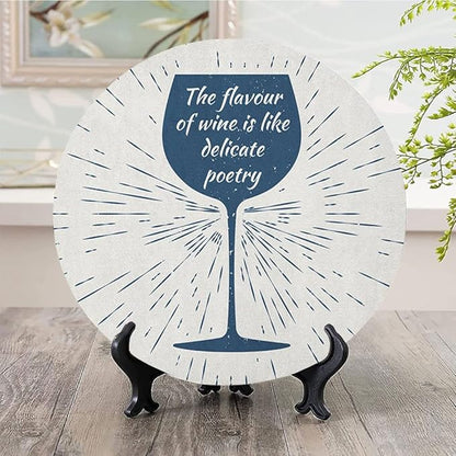 Decorative Plates, Wine Print Ornament, Wine Glass and Vintage Sun Burst Frame, 7 Inch, Kitchen Wall Decor, Night Blue White