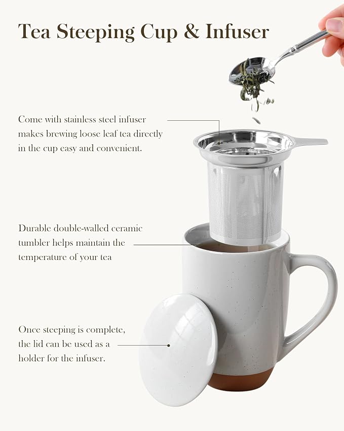 MALACASA Ceramic Tea Mug with Lid and Stainless Steel Infuser, 18 oz Large Tea - Image 5
