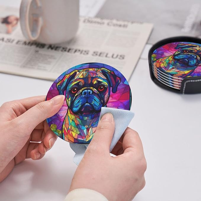 Pug Stained Dog Breed Glass Art Leather Drinks Coasters - Image 4