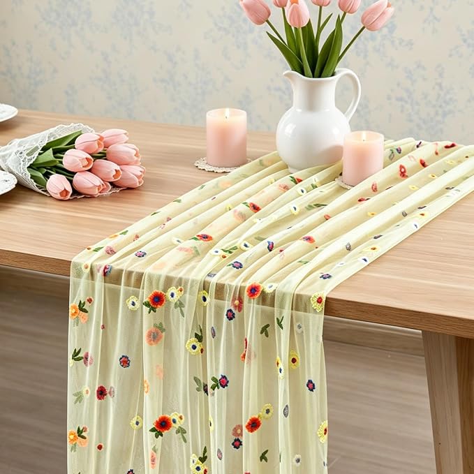 BINBE 1pcs Daisy Spring Table Runner Embroidery Gauze 10FT Florals Seasonal - Image 5