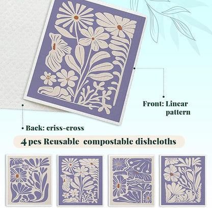 Spring Flower Swedish Dishcloths for Kitchen, Boho Purple Swedish Dish Cleaning Cloths for Floral, 4 Pack Dish Towels for Kitchen, Papaya Reusable Paper Towels Washable