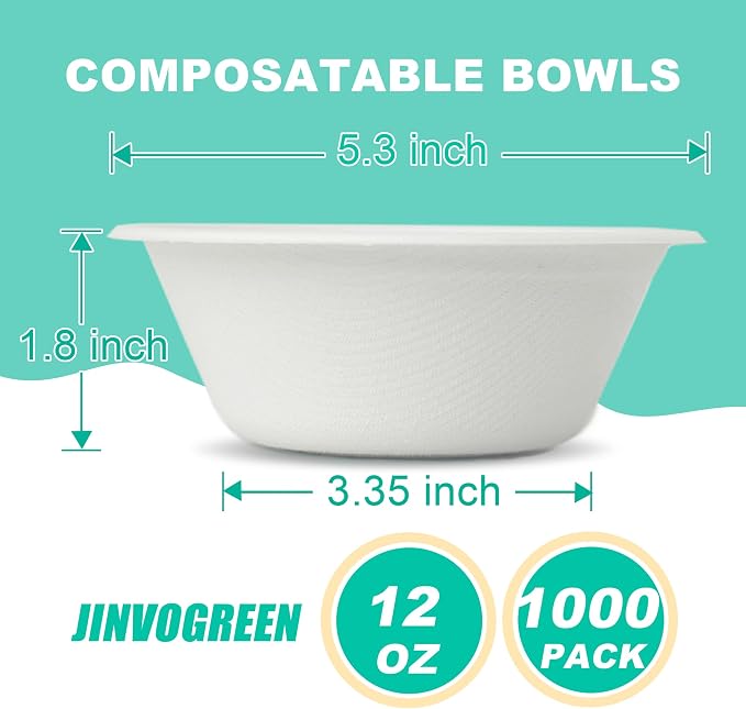 JINVOGREEN 1000 Count 12 oz Paper Bowls, Disposable Compostable Bowls Bulk - Image 2