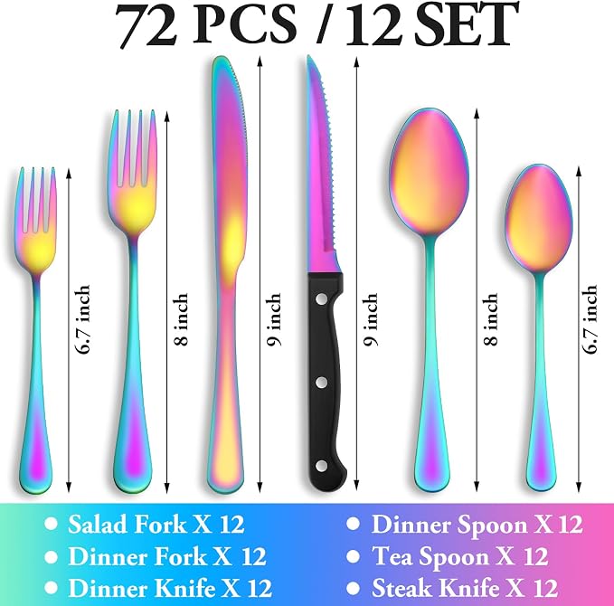 72 Pcs Rainbow Silverware Set - Image 2