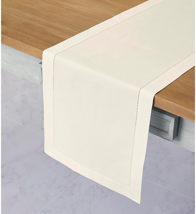 Solino Home Cotton Linen Dining Table Runner Ivory Hemstitch, 14 x 36 in | - Image 2