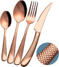 16-Piece Modern Copper Hammered Silverware Set with Ultra Sharp 2-IN-1 Serrated Knife, Rose Gold 18/10 Stainless Steel Flatware Set, Utensil Cutlery Set for 4 Person, Forks Spoons Knives Set