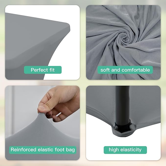6Pack 8FT Table Cloth for Rectangular Fitted Events Stretch Grey Table Covers Washable Spandex Tablecloth Protector for Party, Wedding, Cocktail, Banquet, Festival