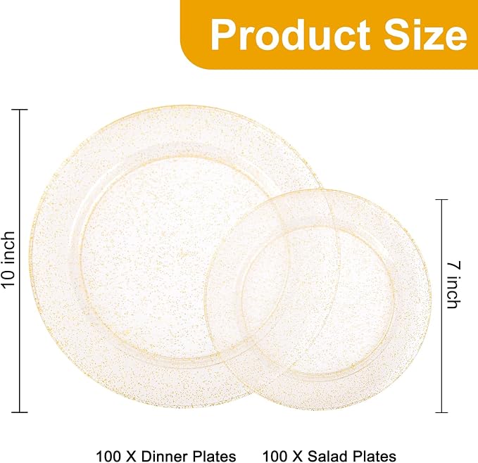 200 Pcs Gold Glitter Plastic Plates - Image 3