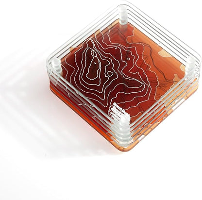 Mammoth Mountain 3D Contour Map Glass Drink Coasters of Mountains, Ski Resort, Set of 6 with Holder, Housewarming Birthday Gifts, Home Decor