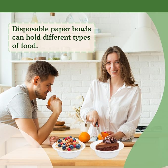 Zddaoole 200 Pack 12 OZ Compostable Disposable White Paper Bowls, Natural - Image 7