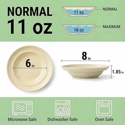 Wide Rim Soup Bowls, 11oz Small Capacity Rimmed Pasta Bowls Set of 4, 8 Inch Ceramic Salad Bowl, Shallow Plates, Elegant Dinner Cereal Serving - Microwave Dishwasher Oven Safe - Beige