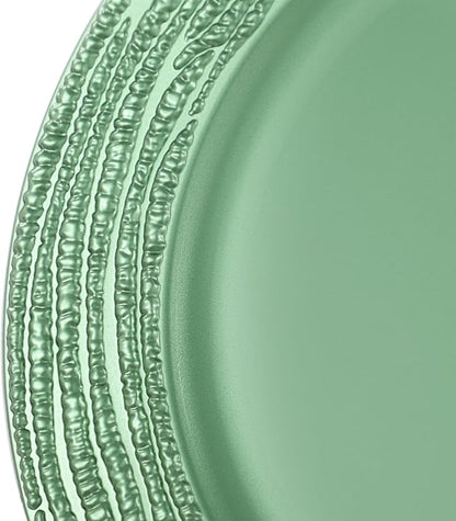 100 PCS Antique Charger Plates Bulk, 13 Inch Round Textured Edge Plastic Dinner Chargers, Bulk Plastic Charger Plates Set for Wedding, Party, Table Decor (Green)