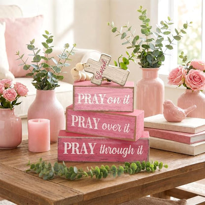 Moucuny 4 Pcs Pink Christian Table Decor Cross Wooden Bible Verse Sign - Image 2
