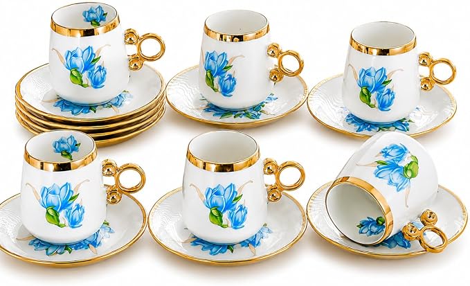 Porcelain Tea Cups and Saucers Set of 12, 100ml Espresso Turkish Coffee Cups - Image 3