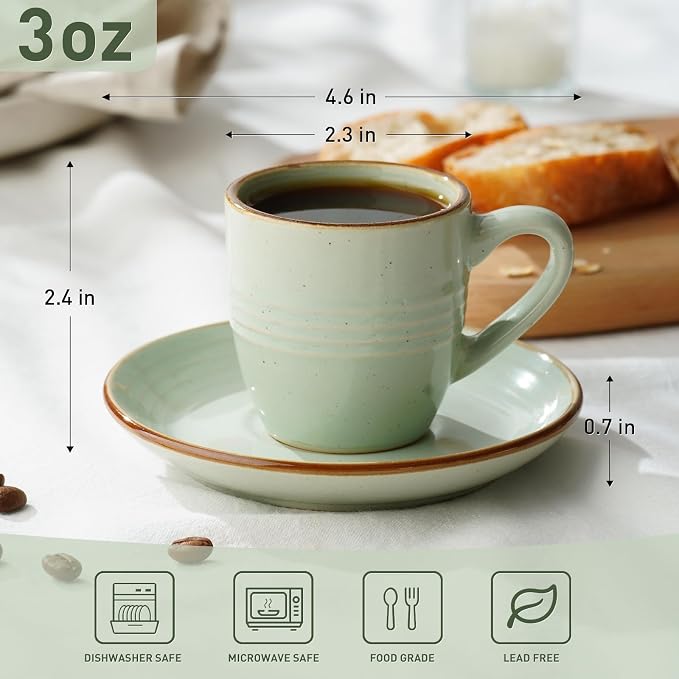 famiware 3oz Espresso Cups and Saucers, Light Green | Ceramic Small Coffee Mug - Image 4