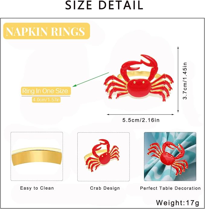 Gold Crab Napkin Rings Set of 12 Nautical Coastal Napkin Holders - Image 7