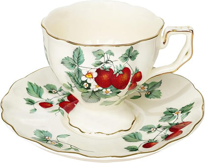 Tea Cups and Saucers Set, Porcelain Coffee Mugs, 8.4 OZ Vintage Coffee Cups by JUSONEY