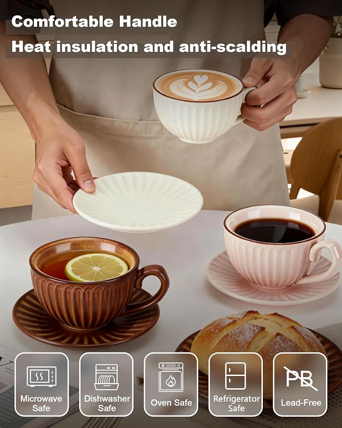 11.5oz Ceramic Cappuccino Cup and Saucer Set, Large Coffee Cup - Image 3