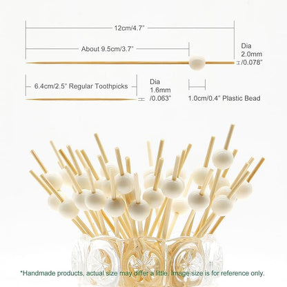 Minisland Milky White Pearl Cocktail Picks, 4.7 Inch Long Bamboo Fancy Toothpicks for Appetizers, Decorative Easter Holiday Wedding Party Food Drink Garnish Fruit Skewer Sticks 100 Counts - MSL455