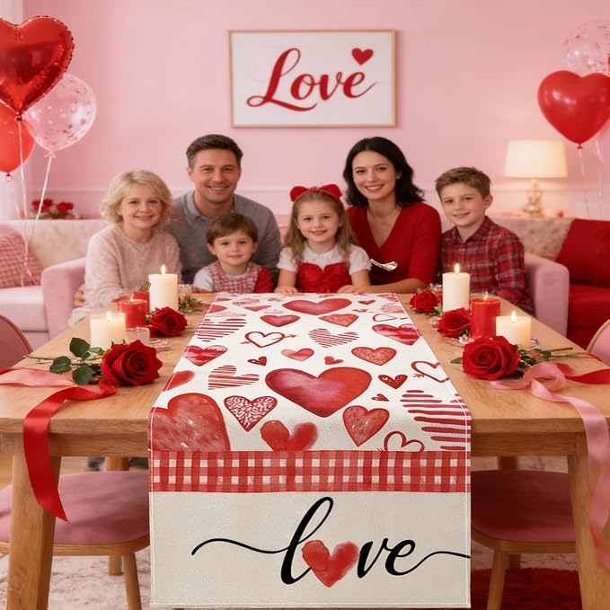 Valentine's Day Table Runner Decorations, Linen Red Table Scarf - Image 2